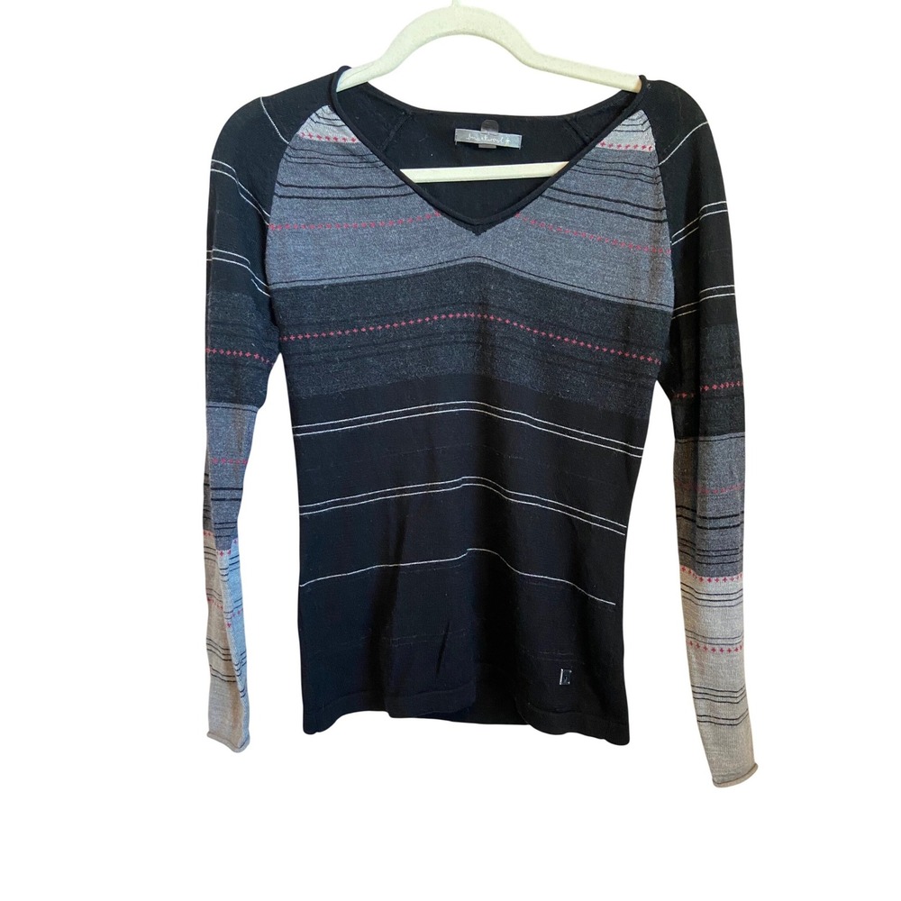 Smartwool Womens Merino Wool Blend Striped V-Neck Raglan Sweater Black Grey S
